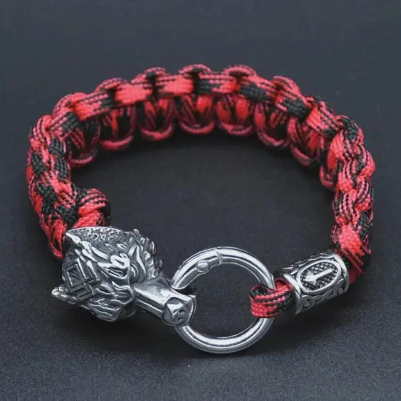 Stainless steel wolf head bracelet with Luen character detailing in camouflage colour