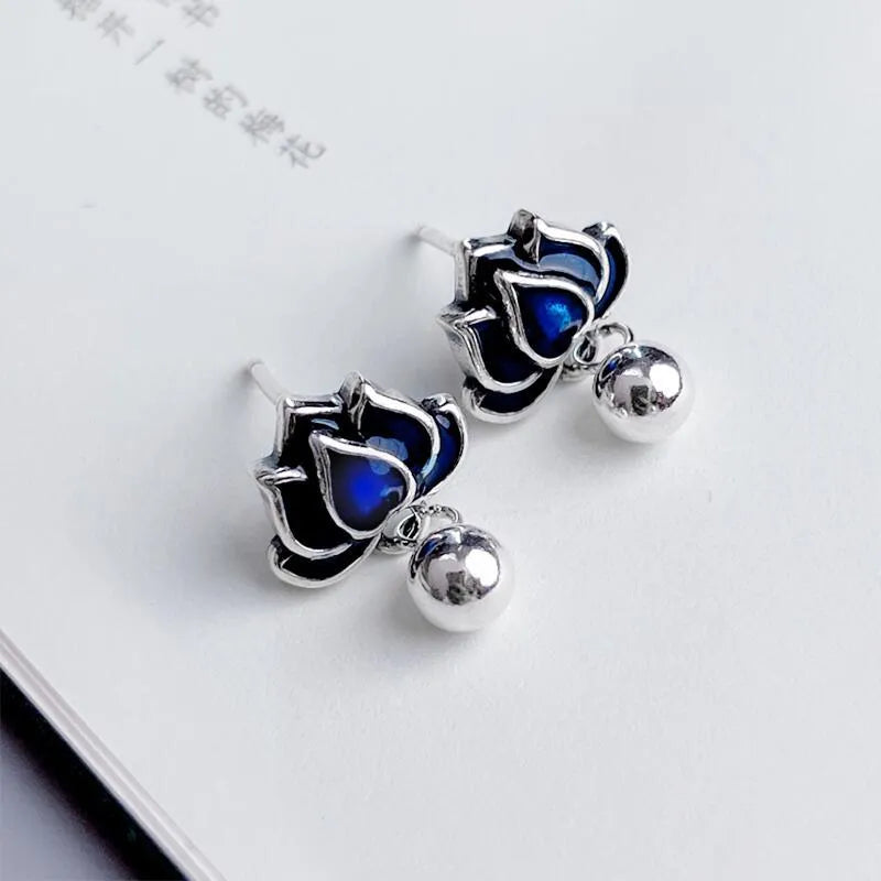 Blue Lotus earrings retro artistic lotus seedpod tassel design alloy ear studs