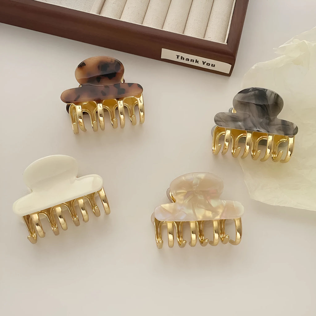 Retro acetate medium metal grip hair barrettes in R08 colour options including fairy white, leopard print, creamy-white and ink colour