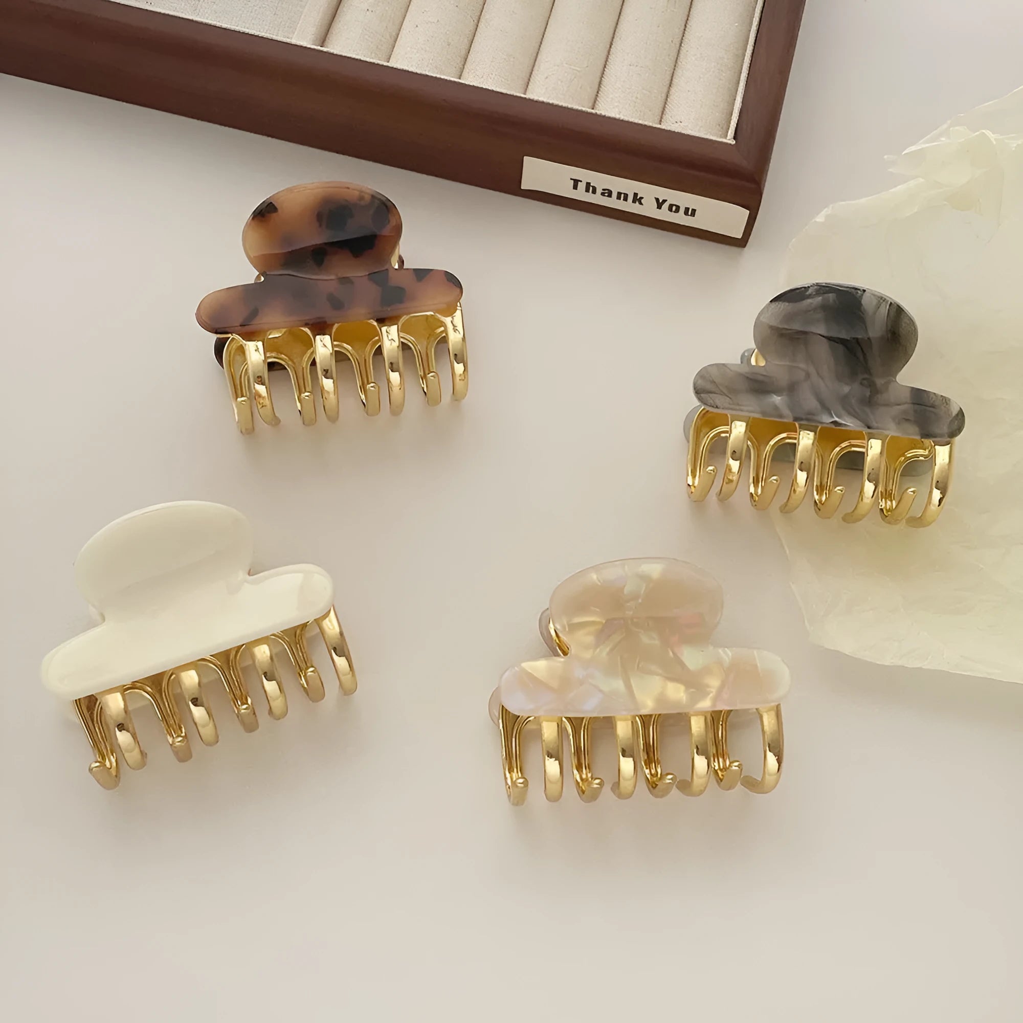 Retro acetate medium metal grip hair barrettes in R08 colour options including fairy white, leopard print, creamy-white and ink colour