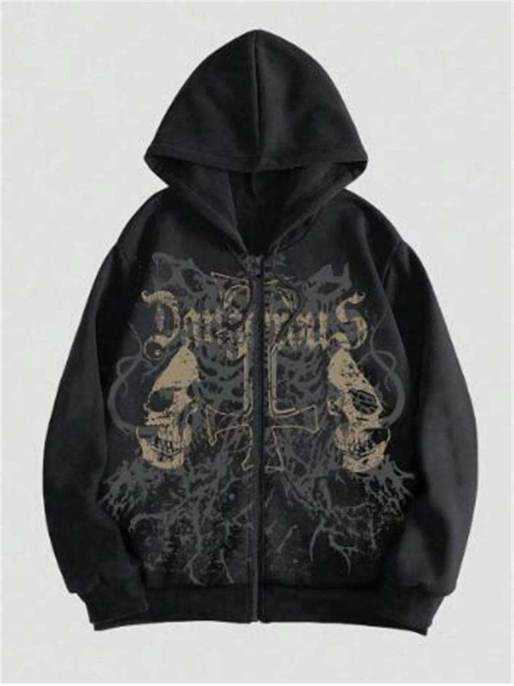 Men's black hooded sweatshirt with skull print, cotton blend, Harajuku style, long sleeve pullover