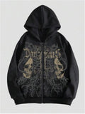 Men's black hooded sweatshirt with skull print, cotton blend, Harajuku style, long sleeve pullover