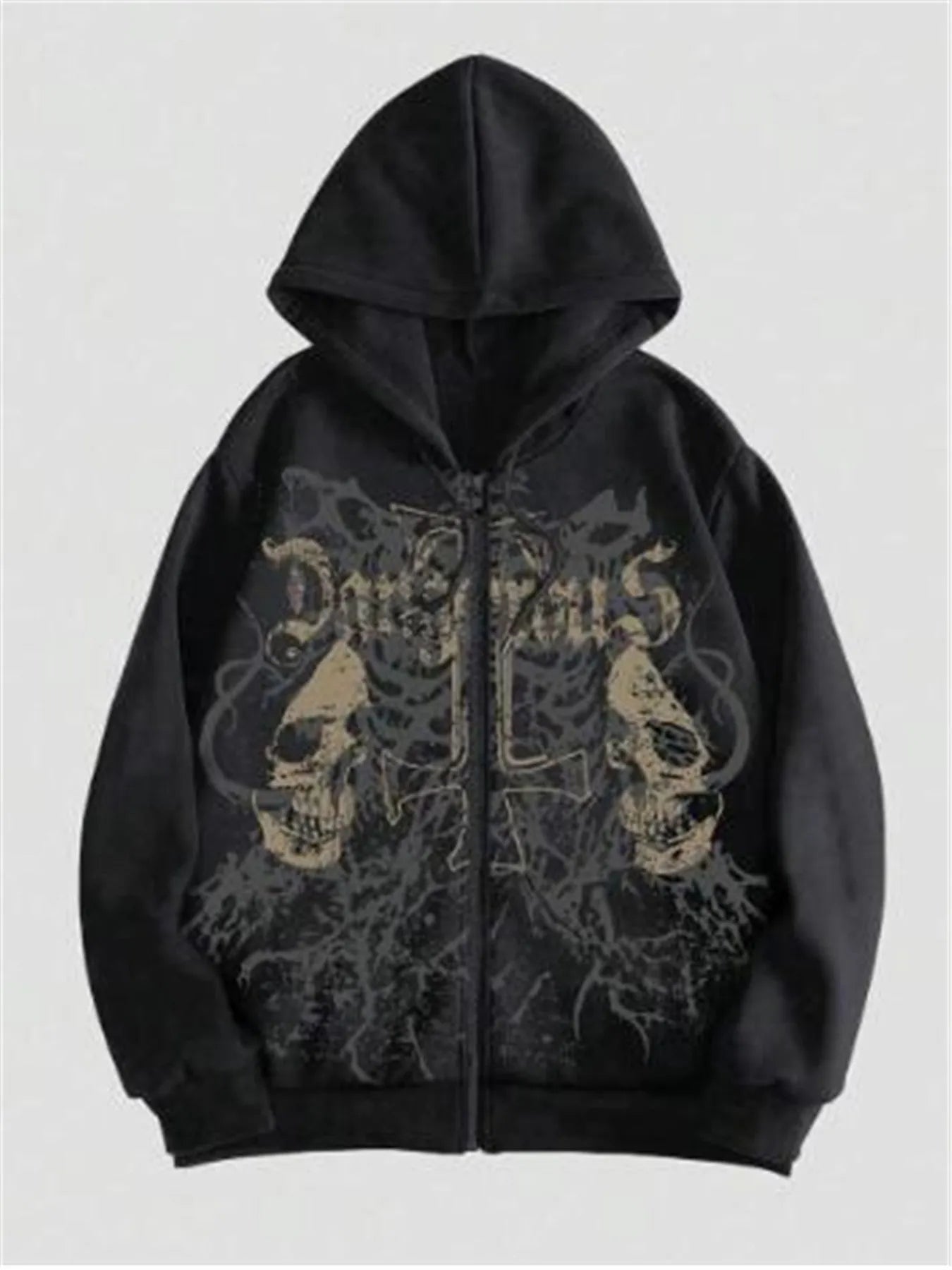 Men's black hooded sweatshirt with skull print, cotton blend, Harajuku style, long sleeve pullover