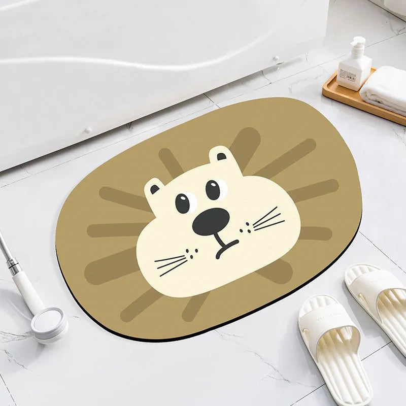 Cartoon animal diatom mud bathroom mat in Mr Brown Bear design on tiled floor.