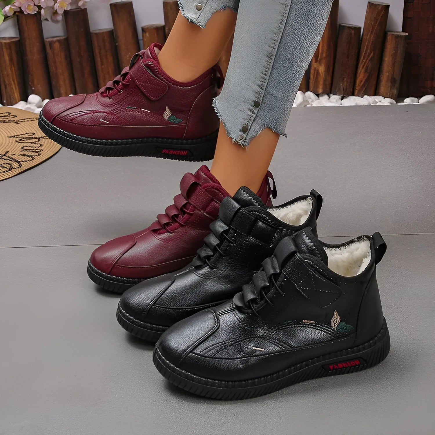 Women's black and red velvet slippers with non-slip rubber soles and hollow-out design