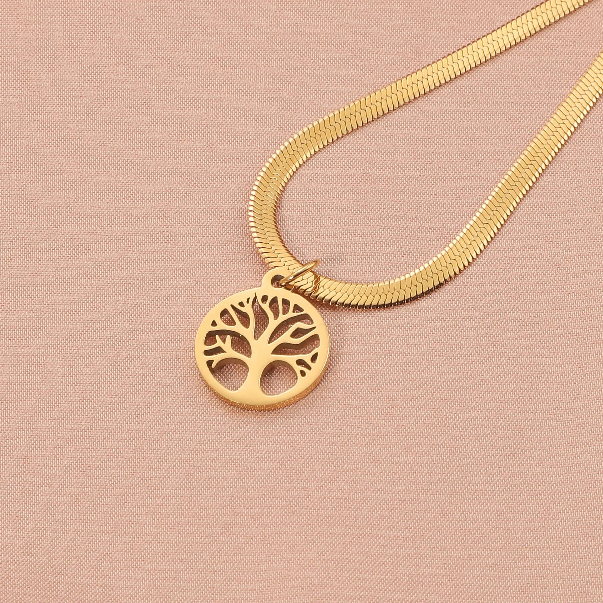 Stainless steel lucky tree pendant necklace on snake bone chain with adjustable 51-60cm length
