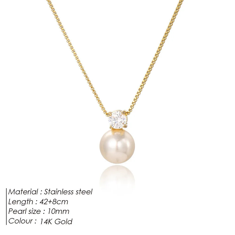 St Delan women's stainless steel necklace with imitation pearl and zircon pendant, gold colour, box chain