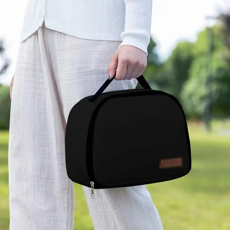 Insulated large capacity lunch box bag in textured cloth, shown in multiple colour options.