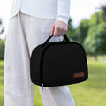 Insulated large capacity lunch box bag in textured cloth, shown in multiple colour options.