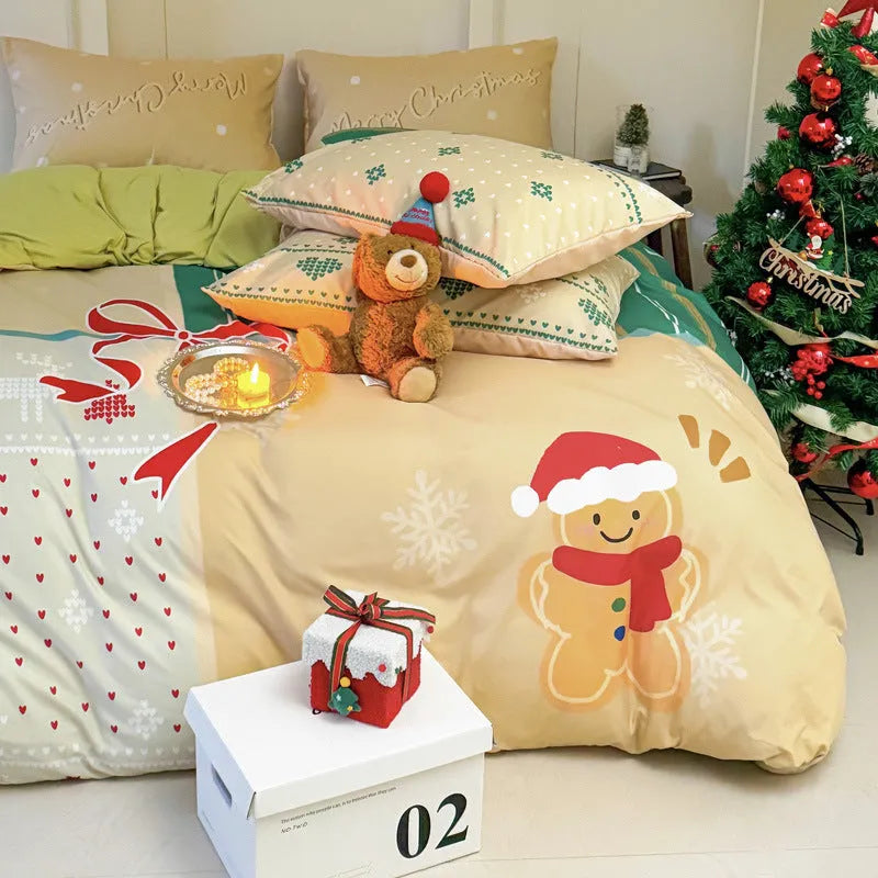 Super soft washed cotton four-piece bedding set with Christmas cartoon pattern