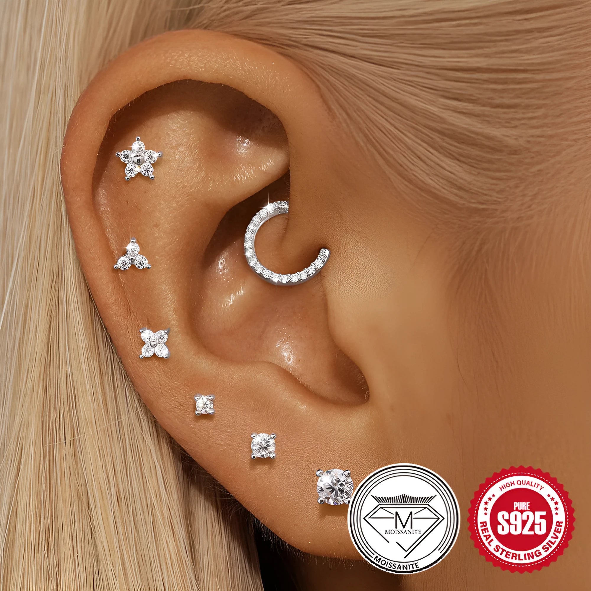 S925 sterling silver petal diamond geometric stud earrings in platinum colour with ear clip fastening