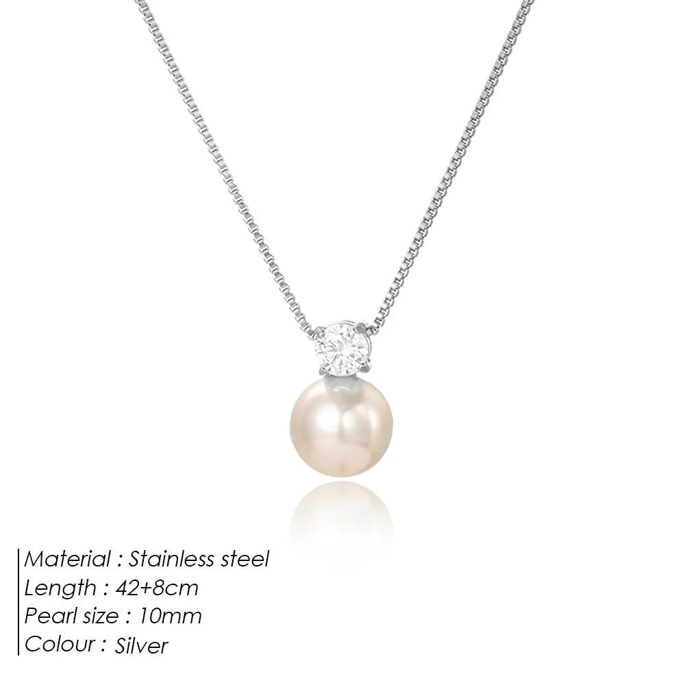 St Delan women's stainless steel necklace with imitation pearl and zircon pendant, gold colour, box chain