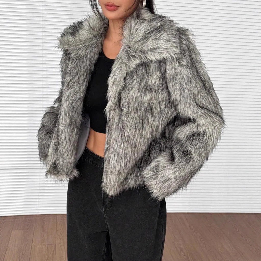 Artificial fur coat with faux fox fur collar in short 40cm length available in multiple colour options