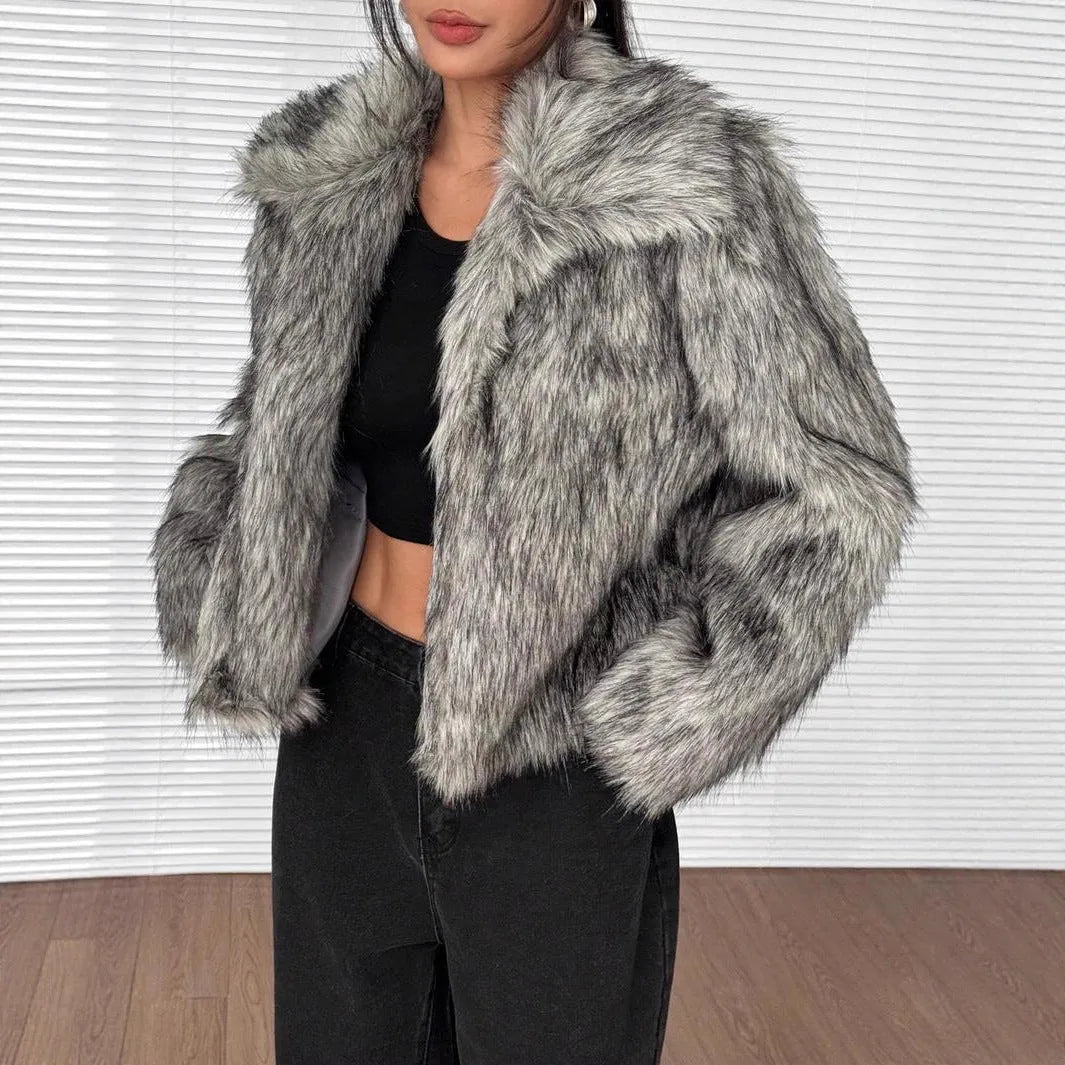 Artificial fur coat with faux fox fur collar in short 40cm length available in multiple colour options