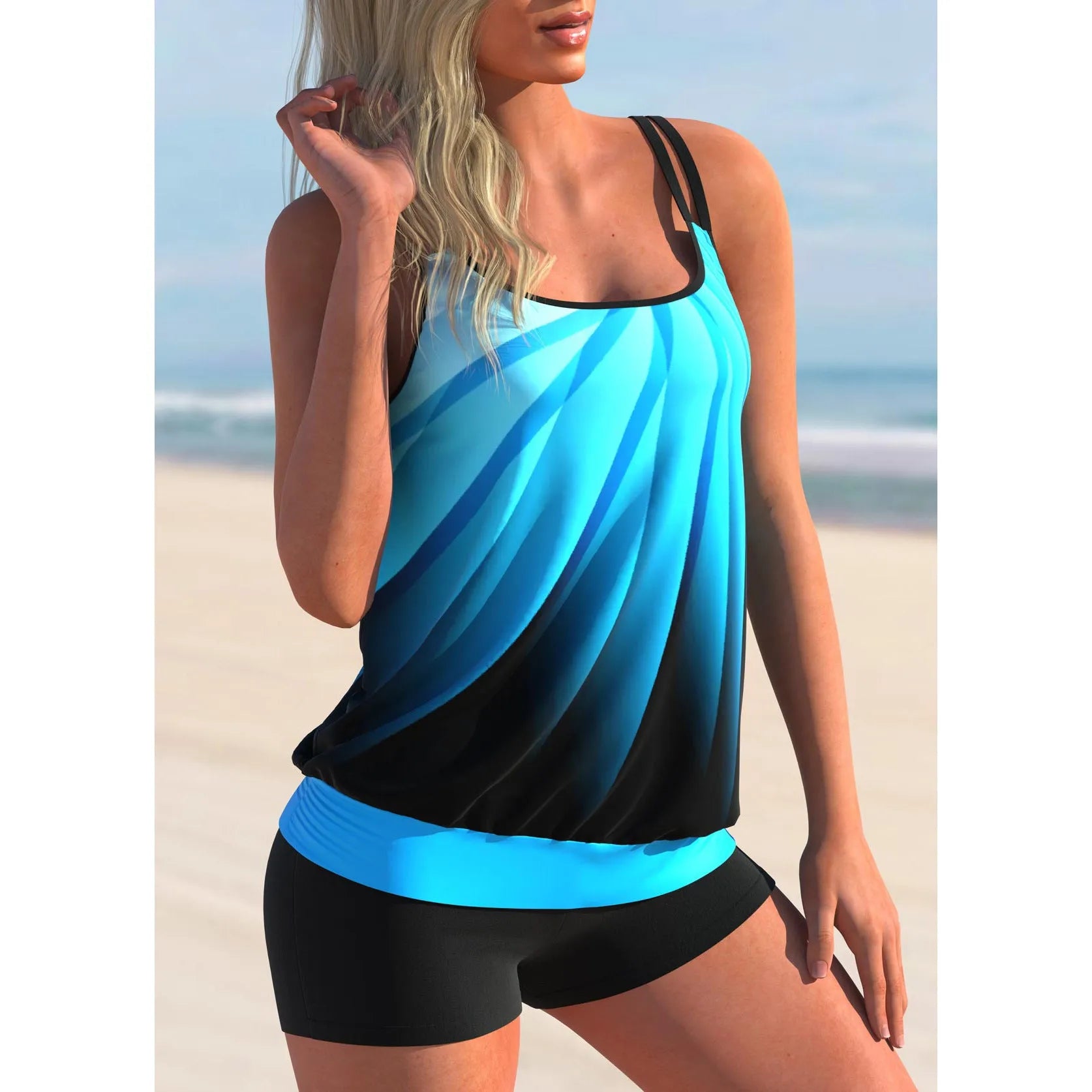 Plus size women's swimsuit set with strappy top and beach shorts in butterfly pattern design