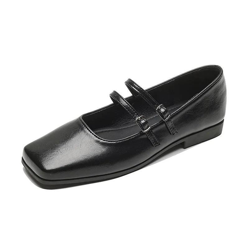 Genuine sheepskin leather Mary Jane ballet flats with cross-buckle strap in silver colour