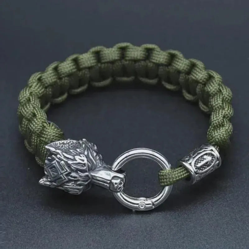 Stainless steel wolf head bracelet with Luen character detailing in camouflage colour