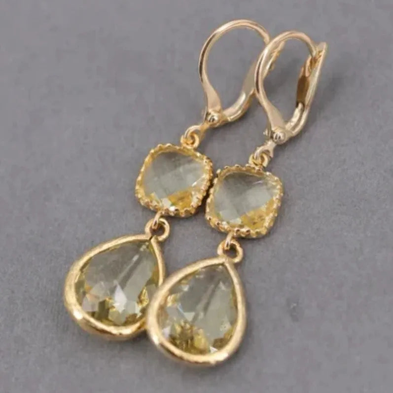 Gold geometric crystal long fringe earrings with water droplet elements and retro European styling