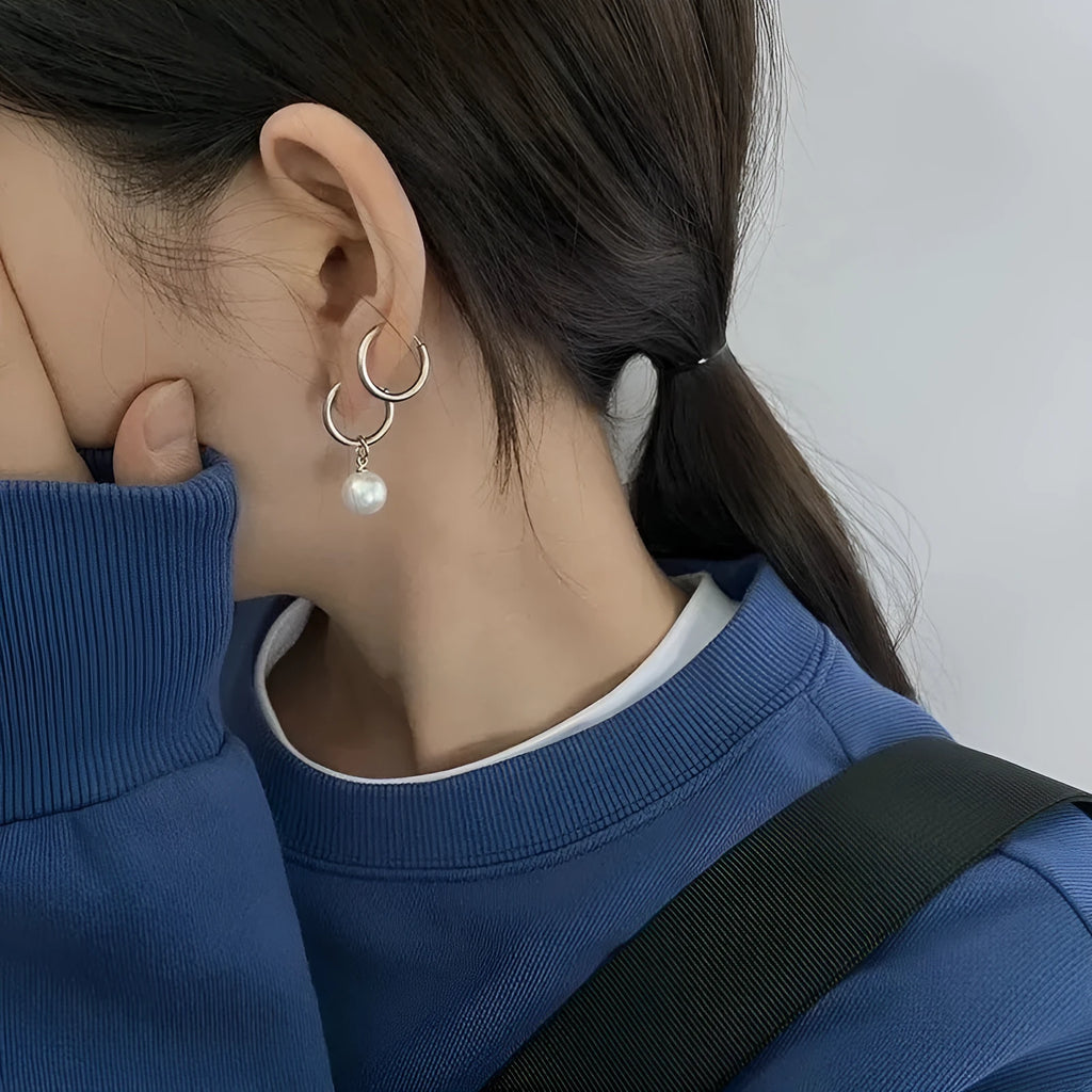 Women's geometric pearl earrings with alloy construction and titanium steel components
