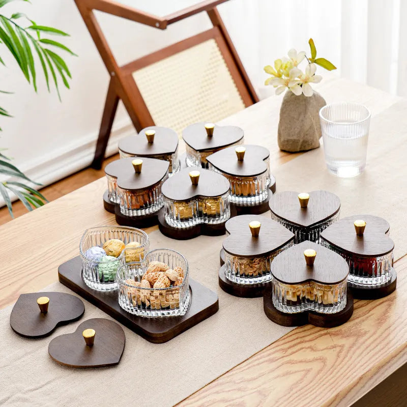 Glass fruit platter with transparent heart-shaped lid in retro style for foot bath hotels
