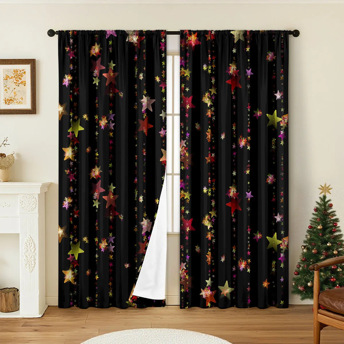 Pair of 3D digitally printed Christmas style curtains with European patterns on polyester fabric
