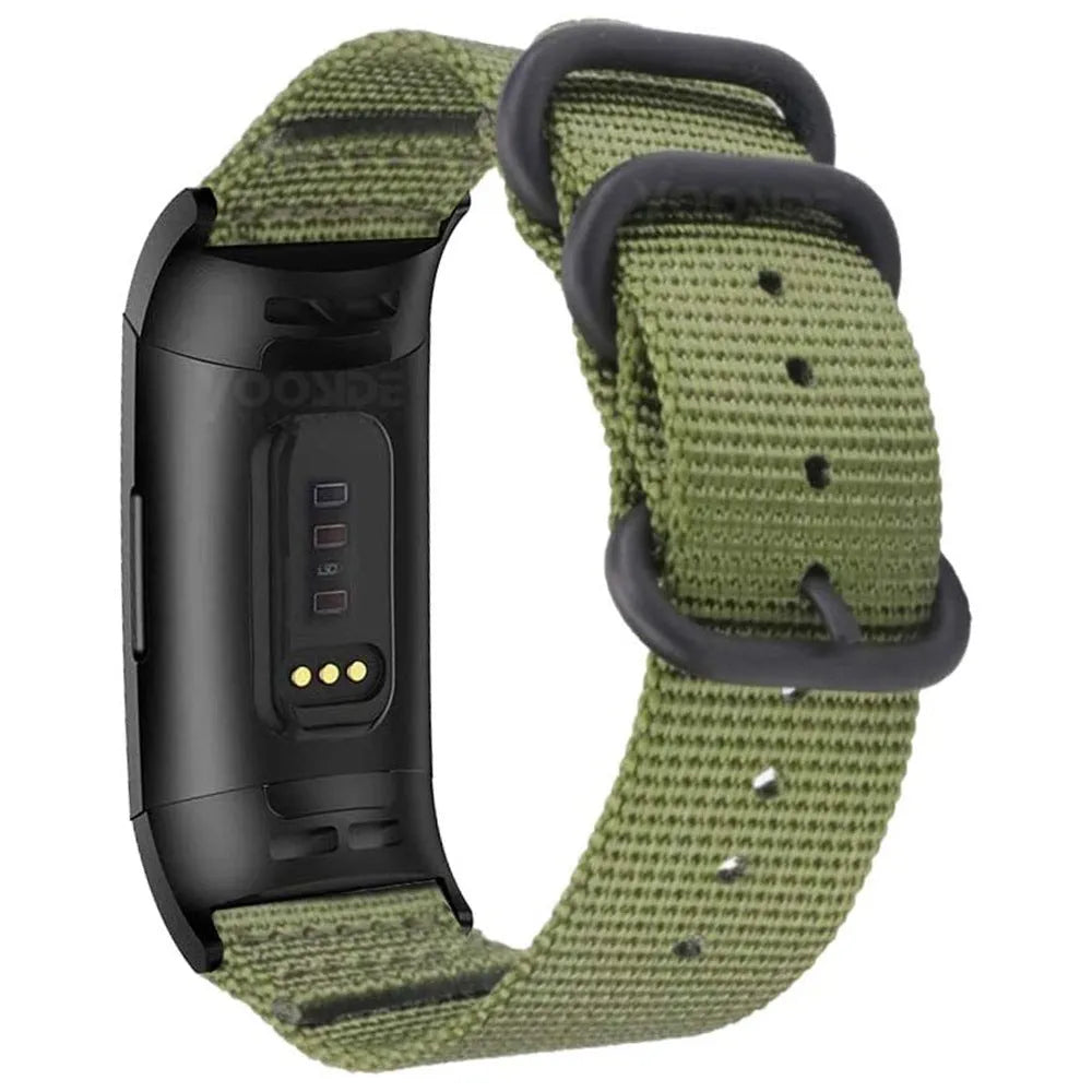 Nylon three-ring buckle replacement watch strap for Fitbit Charge 2, 3, 4, 5 in multiple colours.