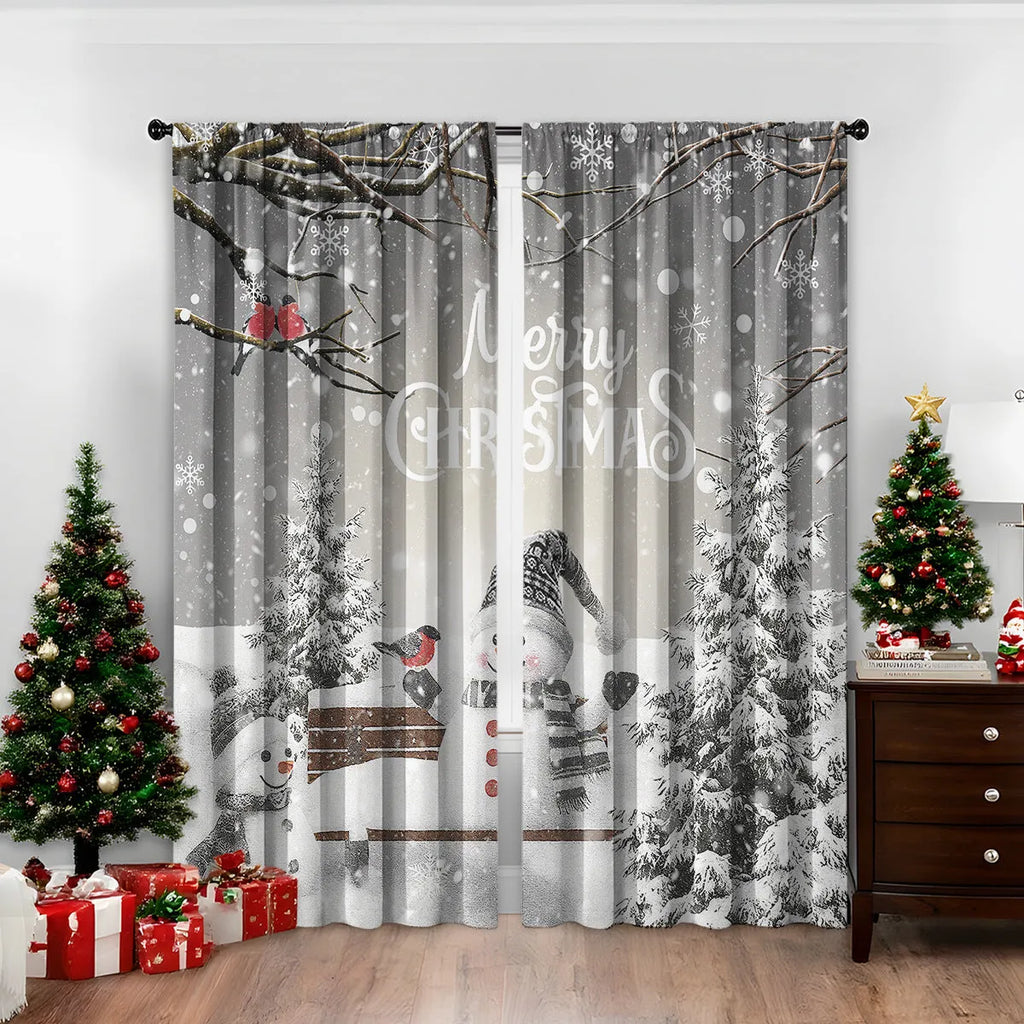 Pair of 3D digitally printed Christmas curtains in a modern European style pattern, hanging at a window.