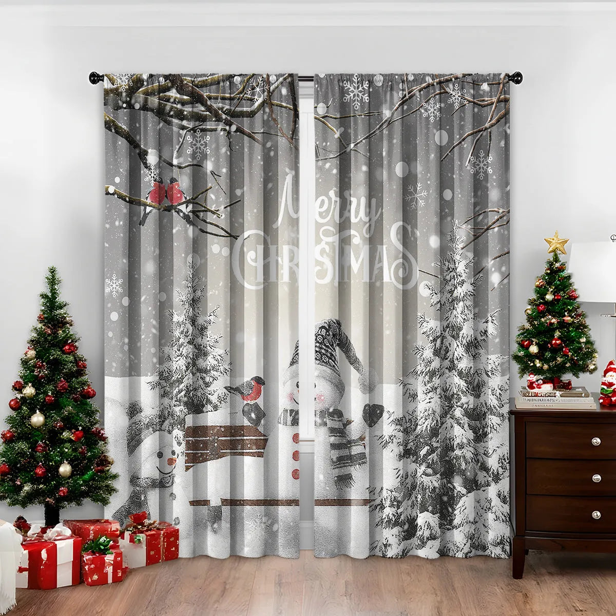 Pair of 3D digitally printed Christmas curtains in a modern European style pattern, hanging at a window.