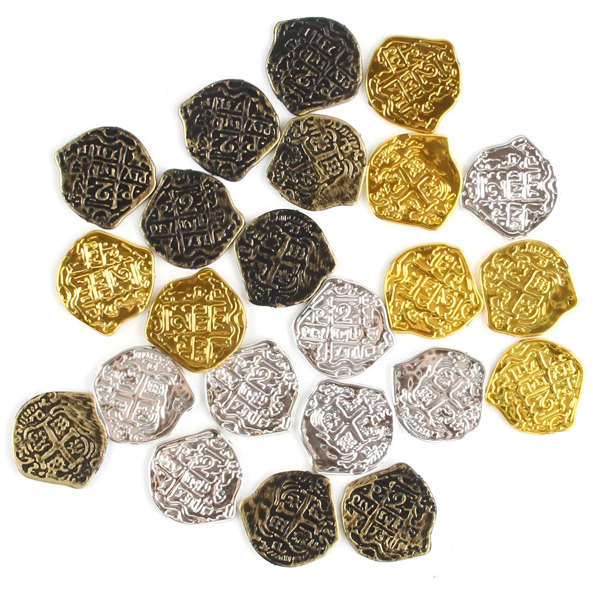 Set of 100 gold, silver and bronze coloured plastic replica Roman coins scattered on a surface.