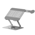 Silver carbon steel laptop stand with rotating base and side-mounted magnetic phone holder for devices up to 17 inches
