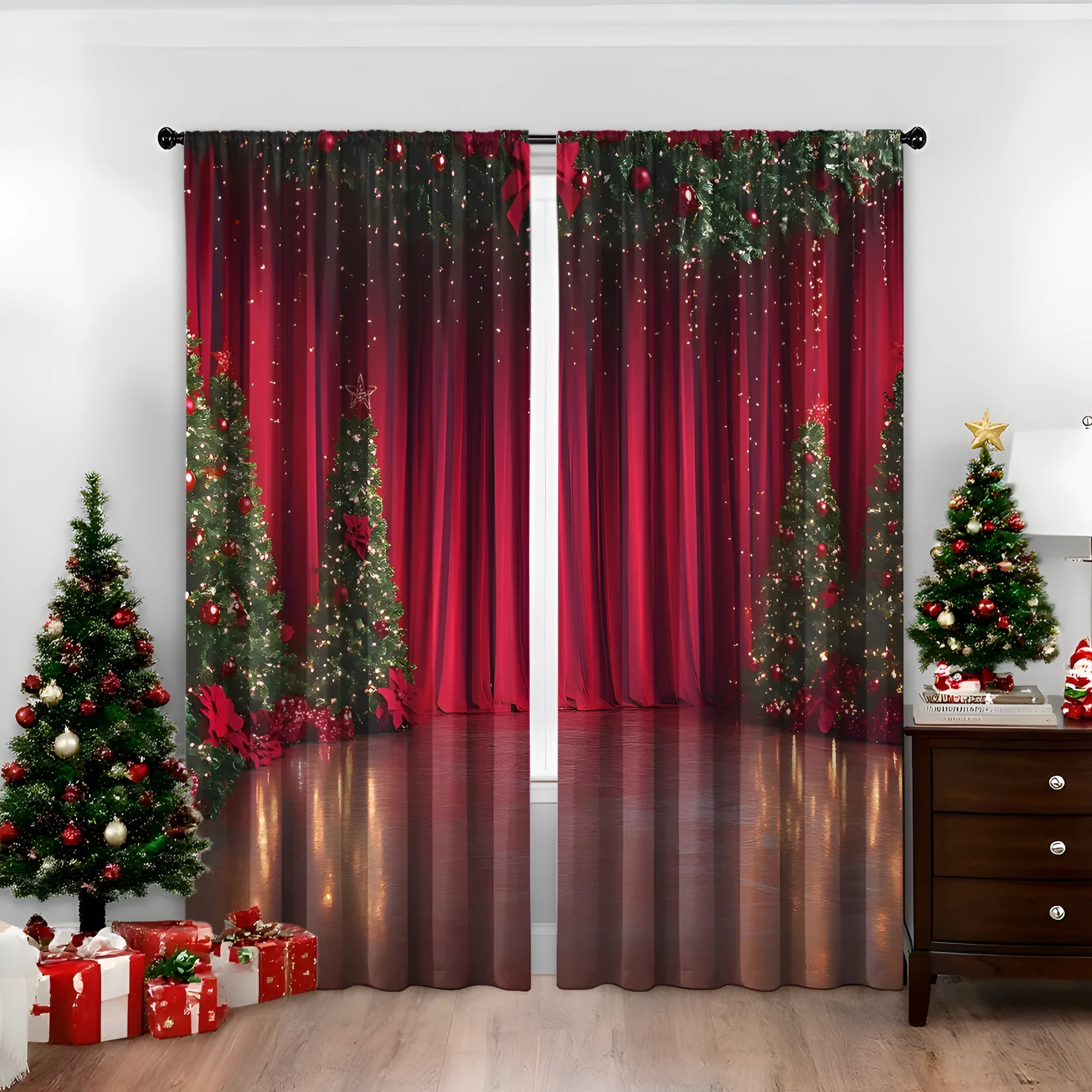 Pair of 3D digitally printed Christmas style curtains with European patterns on polyester fabric