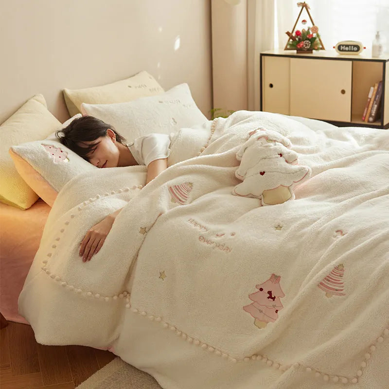 Milk fibre bedding four-piece set with Christmas tree pattern in green or pink for beds from 1.2m to 2.0m wide