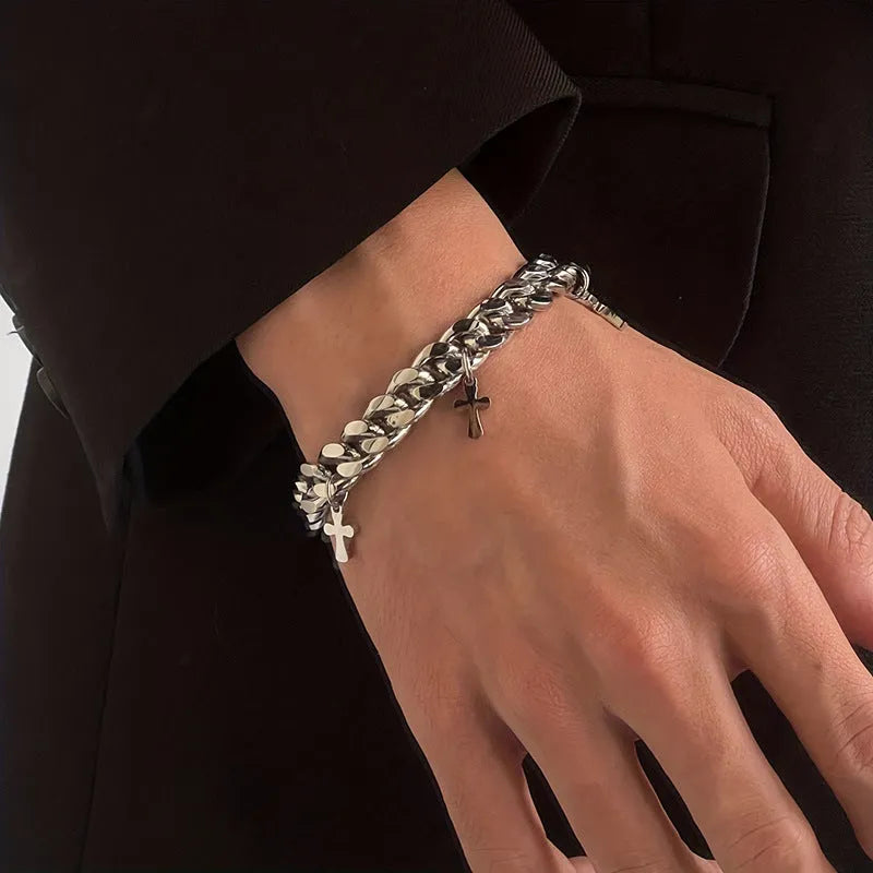 Men's geometric cross bracelet in titanium steel with a cold wind style design.