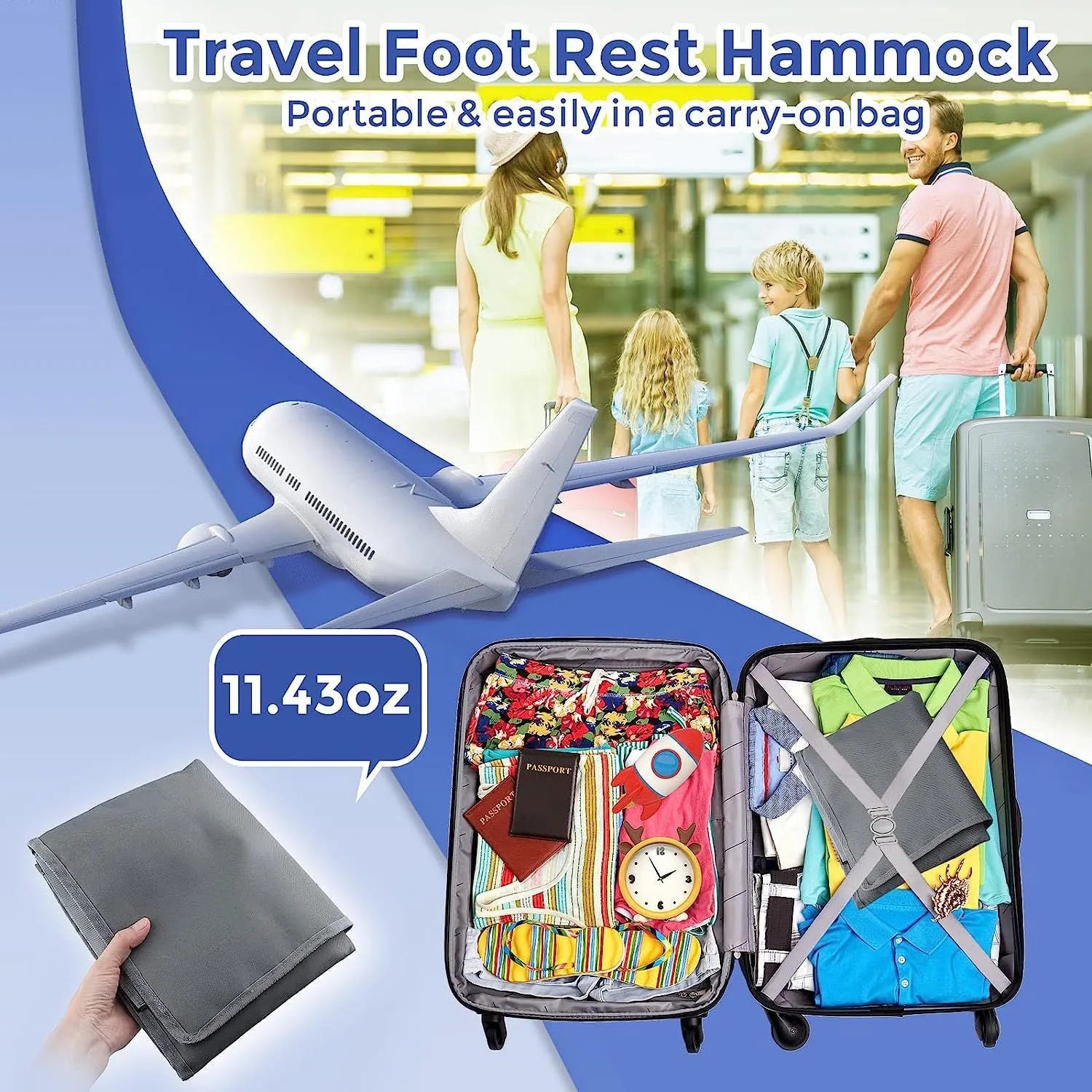 Portable children's aircraft seat extender with adjustable pedal in blue colour with foldable design