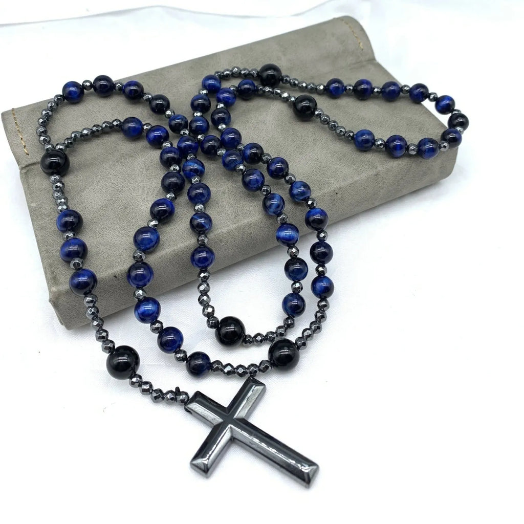 Men's hand-woven stone cross pendant necklace with ball bead chain 80cm unisex geometric design
