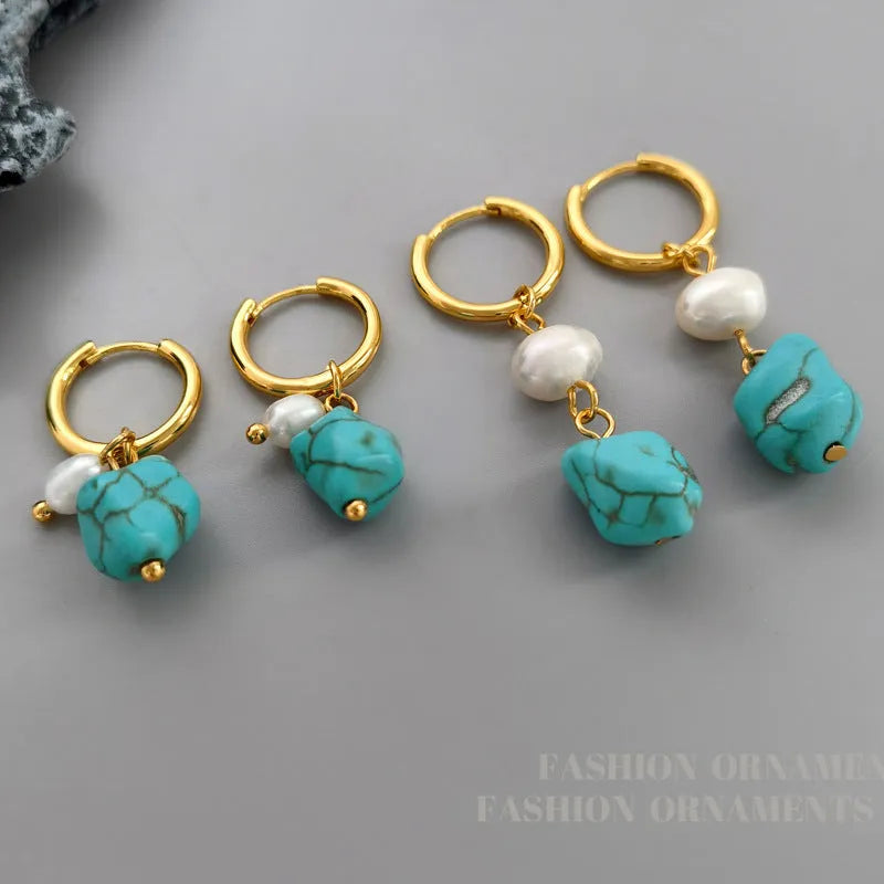 Copper geometric earrings with irregular turquoise stones and cultured pearls in dangle and clip styles