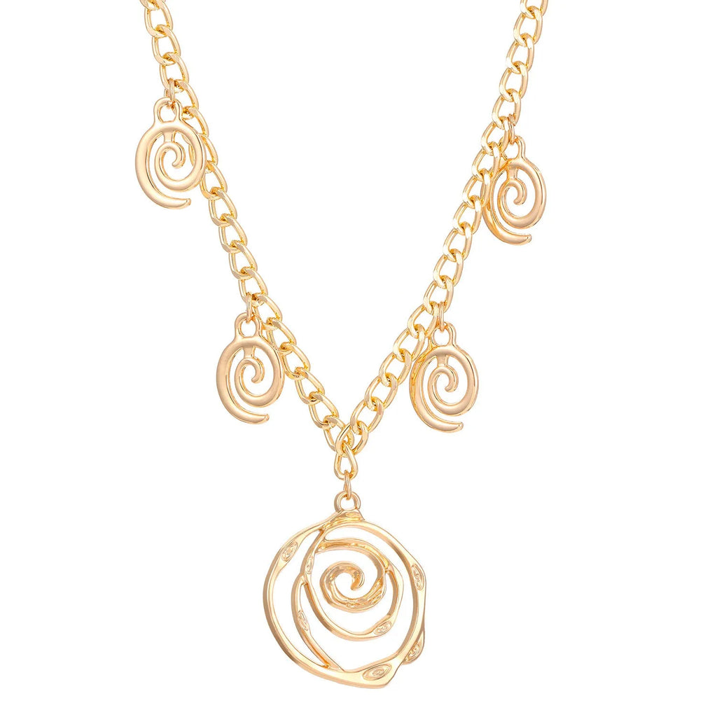 Gold and silver spiral donut pendant necklace, bracelet, and earrings set for women.