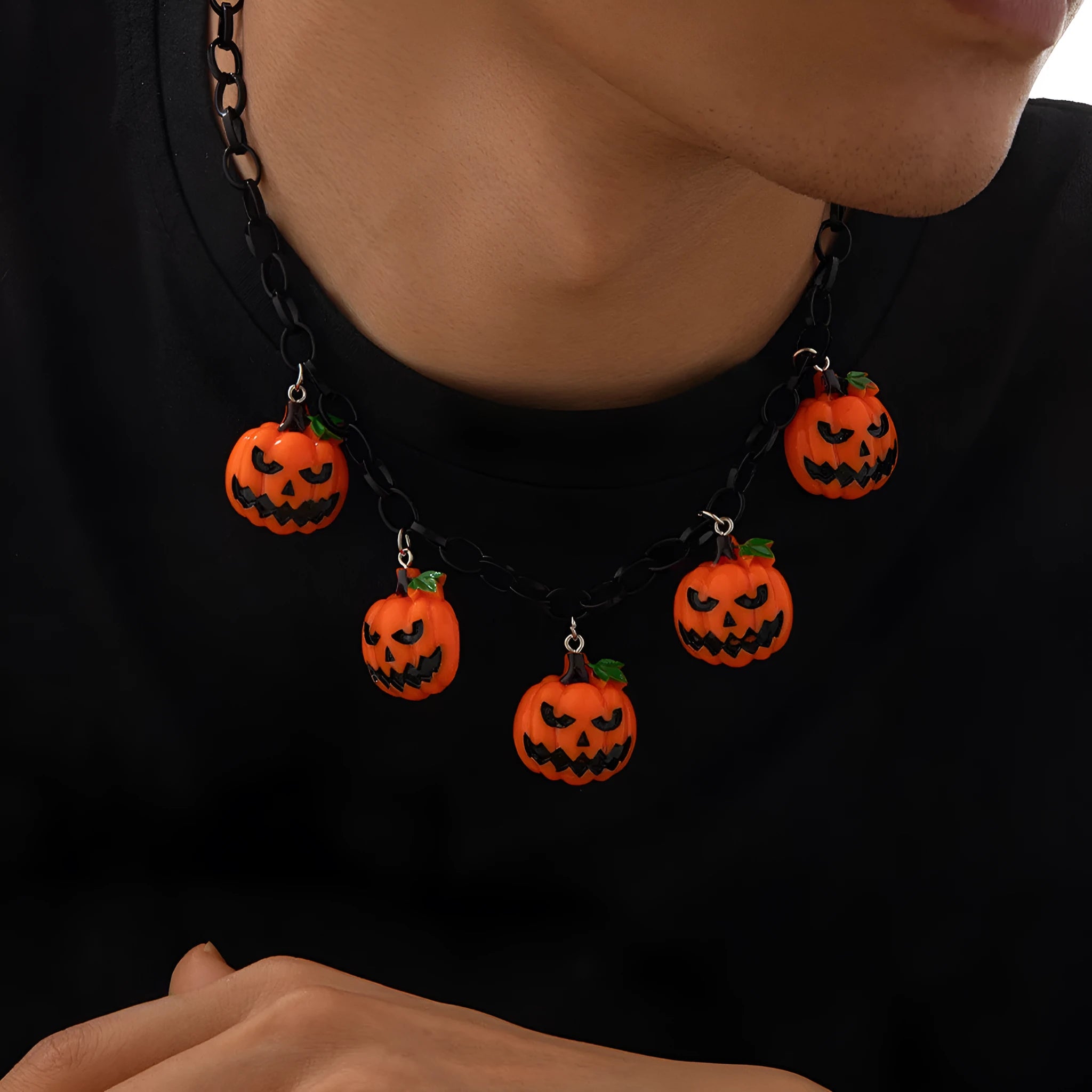 Halloween necklace with acrylic ghost and pumpkin pendant in mixed colours on regular chain