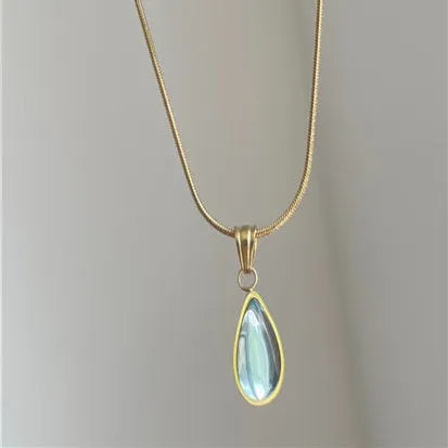 Retro blue and green water drop necklace with gem inlays on titanium steel snake bone chain