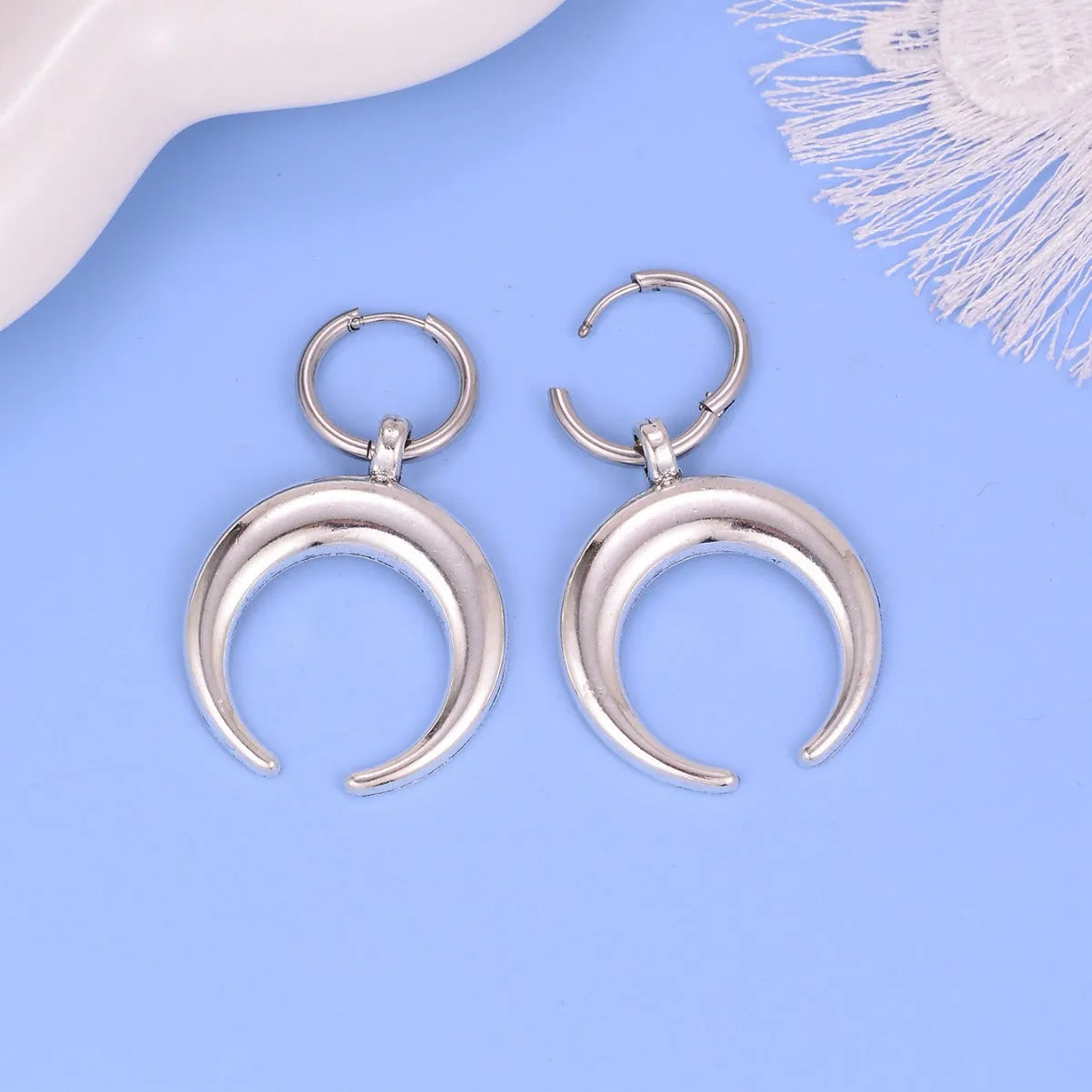 Silver alloy 18K electroplated vintage gothic moon hoop earrings with geometric punk design