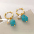 Copper geometric earrings with irregular turquoise stones and cultured pearls in dangle and clip styles