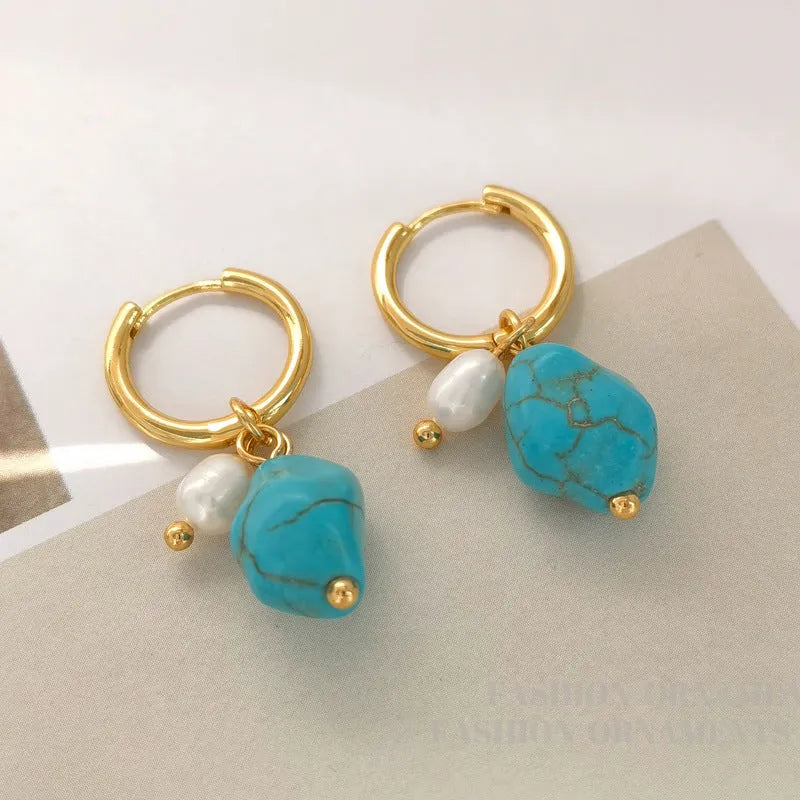 Copper geometric earrings with irregular turquoise stones and cultured pearls in dangle and clip styles