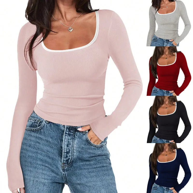 Women's cotton square collar slim-fit top in light grey, long sleeves
