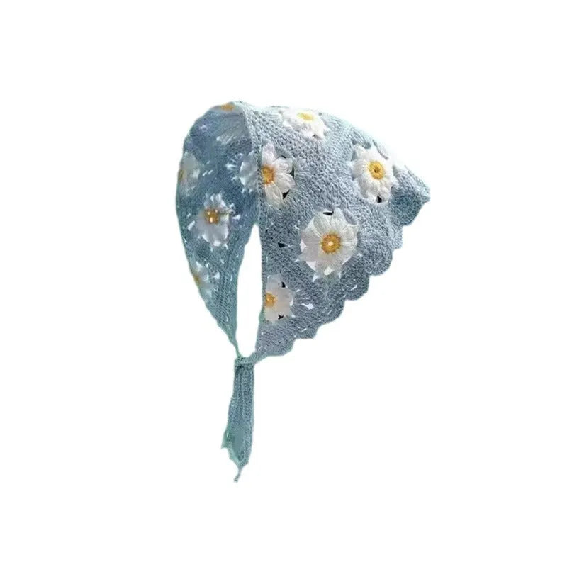 Cotton triangular headscarf with French retro floral pattern in multiple colour variations