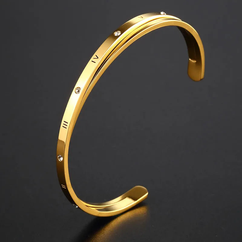 Open-ended stainless steel women's bracelet with electroplated finish and inlaid zircon crystals