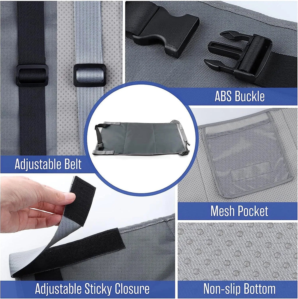 Portable children's aircraft seat extender with adjustable pedal in blue colour with foldable design