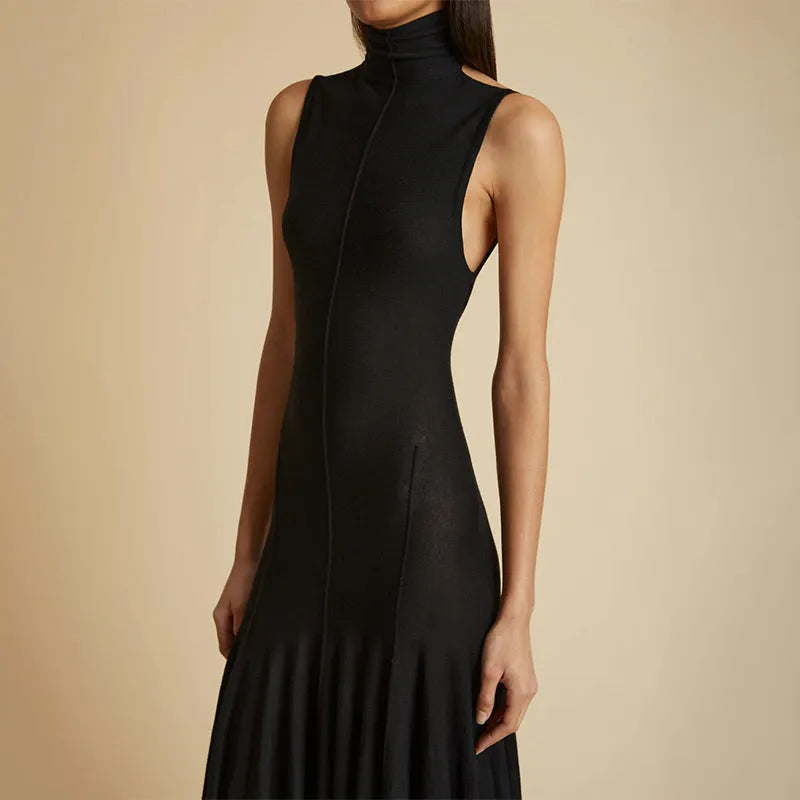 Grey cotton half turtleneck backless dress with slim fit and high waist design
