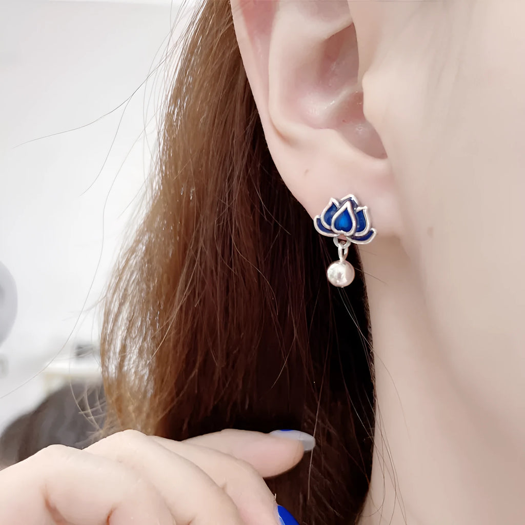 Blue Lotus earrings retro artistic lotus seedpod tassel design alloy ear studs