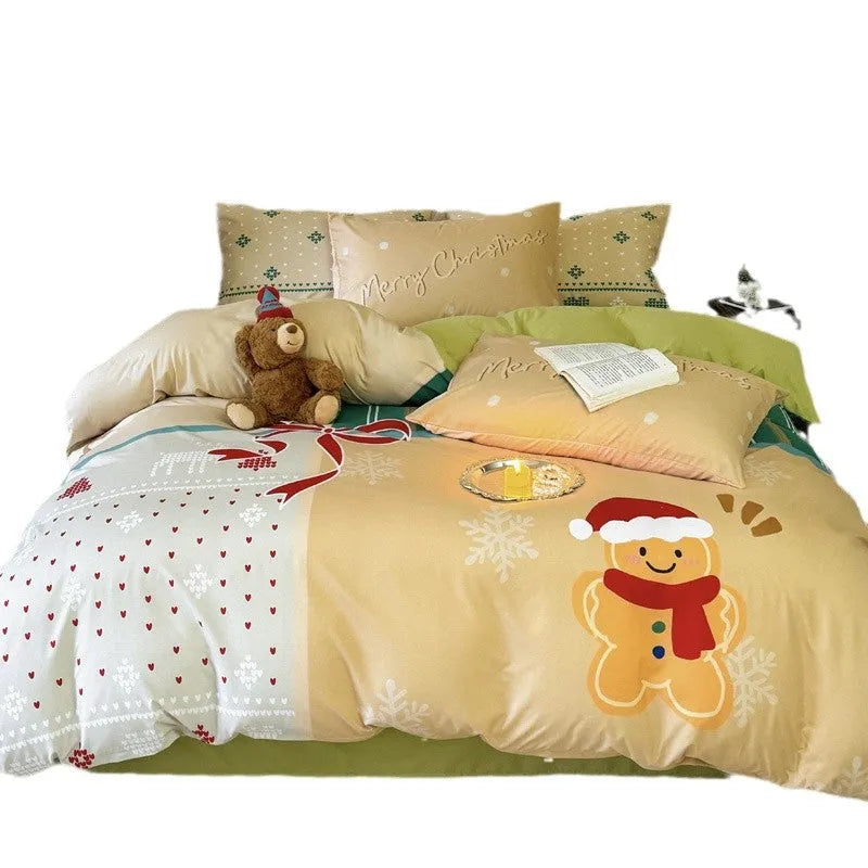 Super soft washed cotton four-piece bedding set with Christmas cartoon pattern
