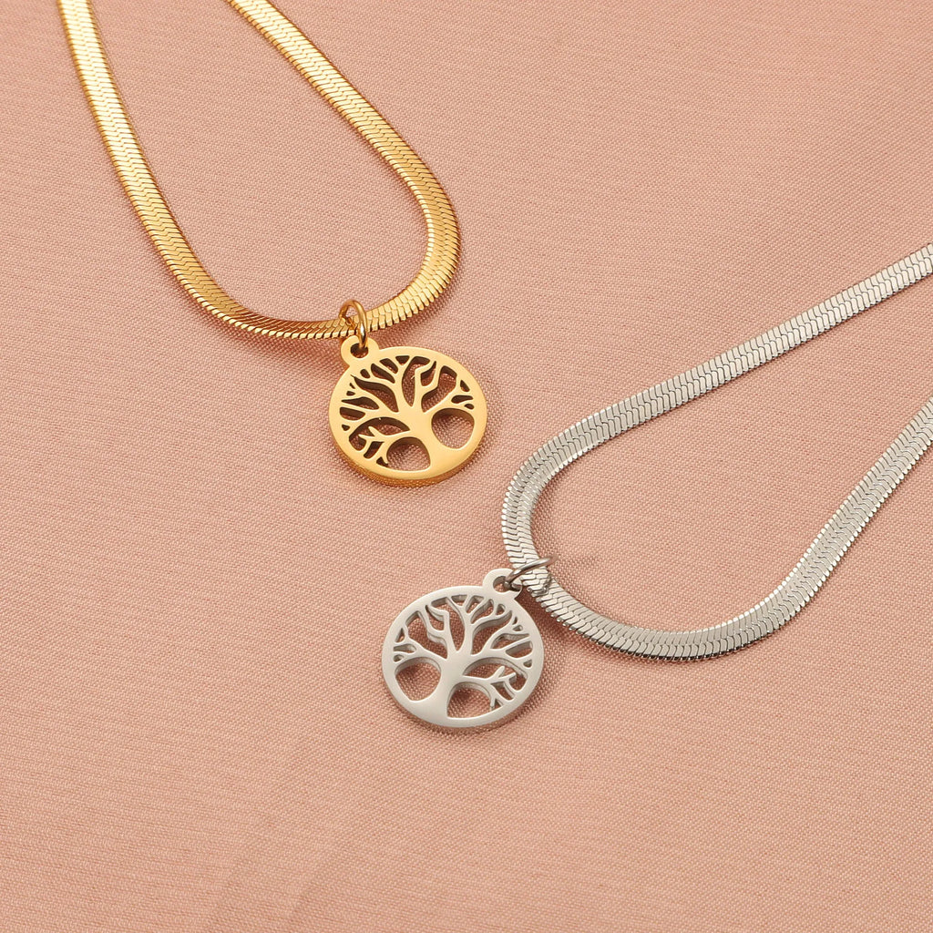 Stainless steel lucky tree pendant necklace on snake bone chain with adjustable 51-60cm length